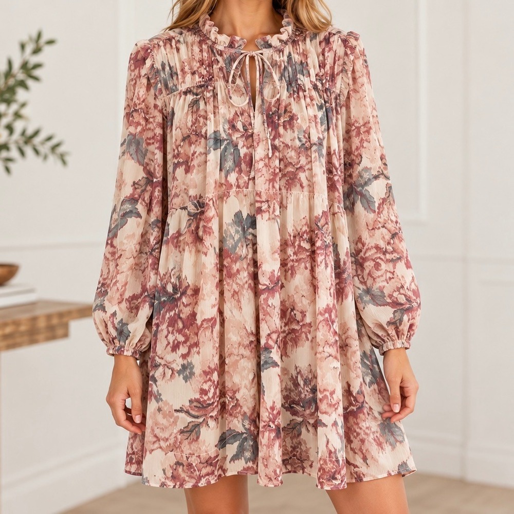 HM Conscious Floral Chiffon Mini Dress Mauve Grey Ruffle Neck Tie Front Medium